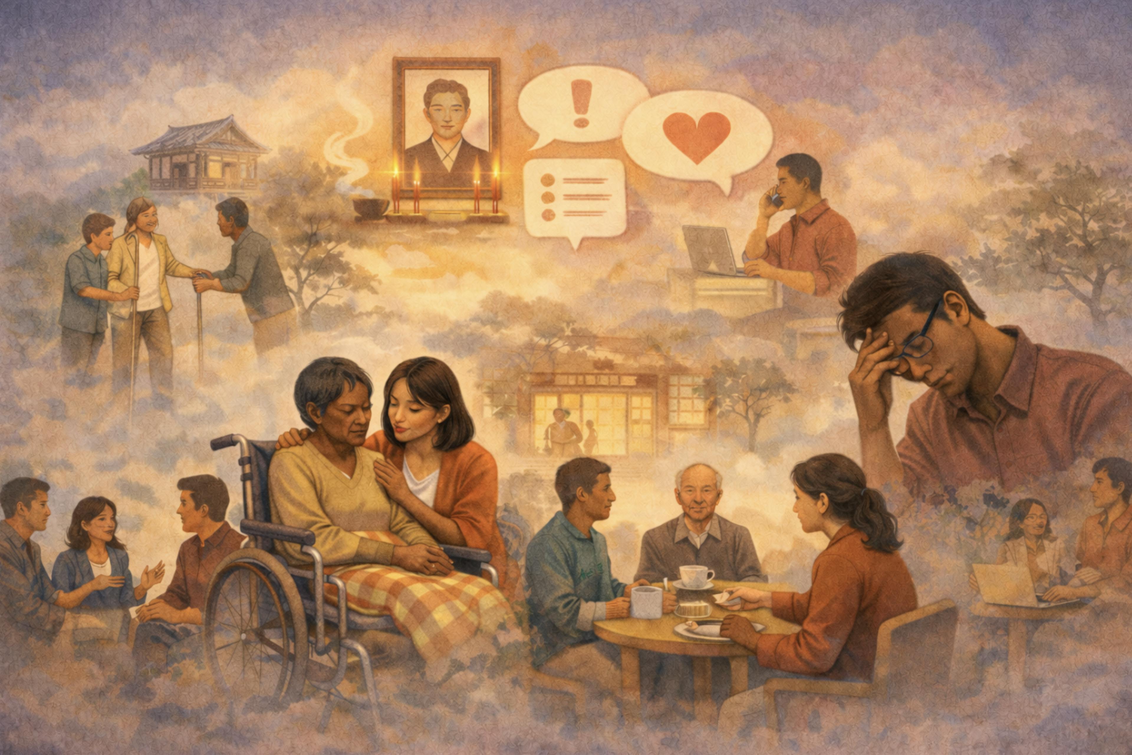 multi-scene elder care. people in wheel chair and person helping talking older people at house. calling on phone with heart emoji