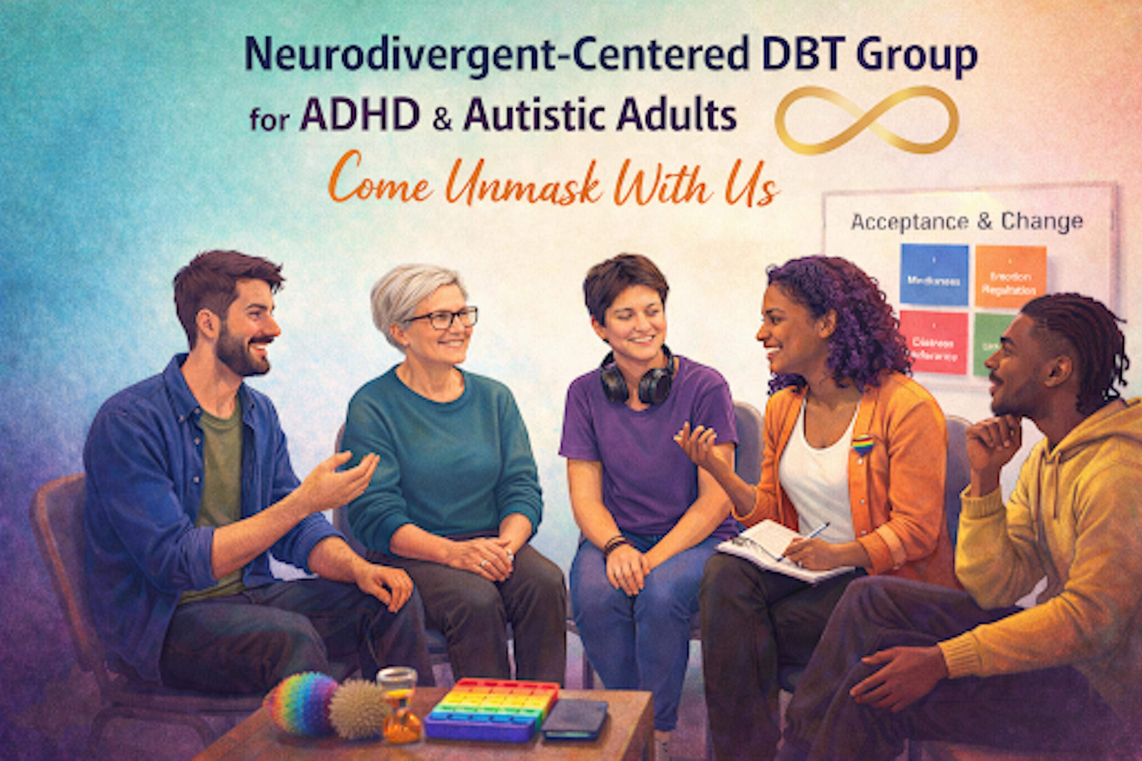 diverse group in circle. person talking. neurodivegent centered dbt group for adhd and autistic adults come unmask with us in background in letters.