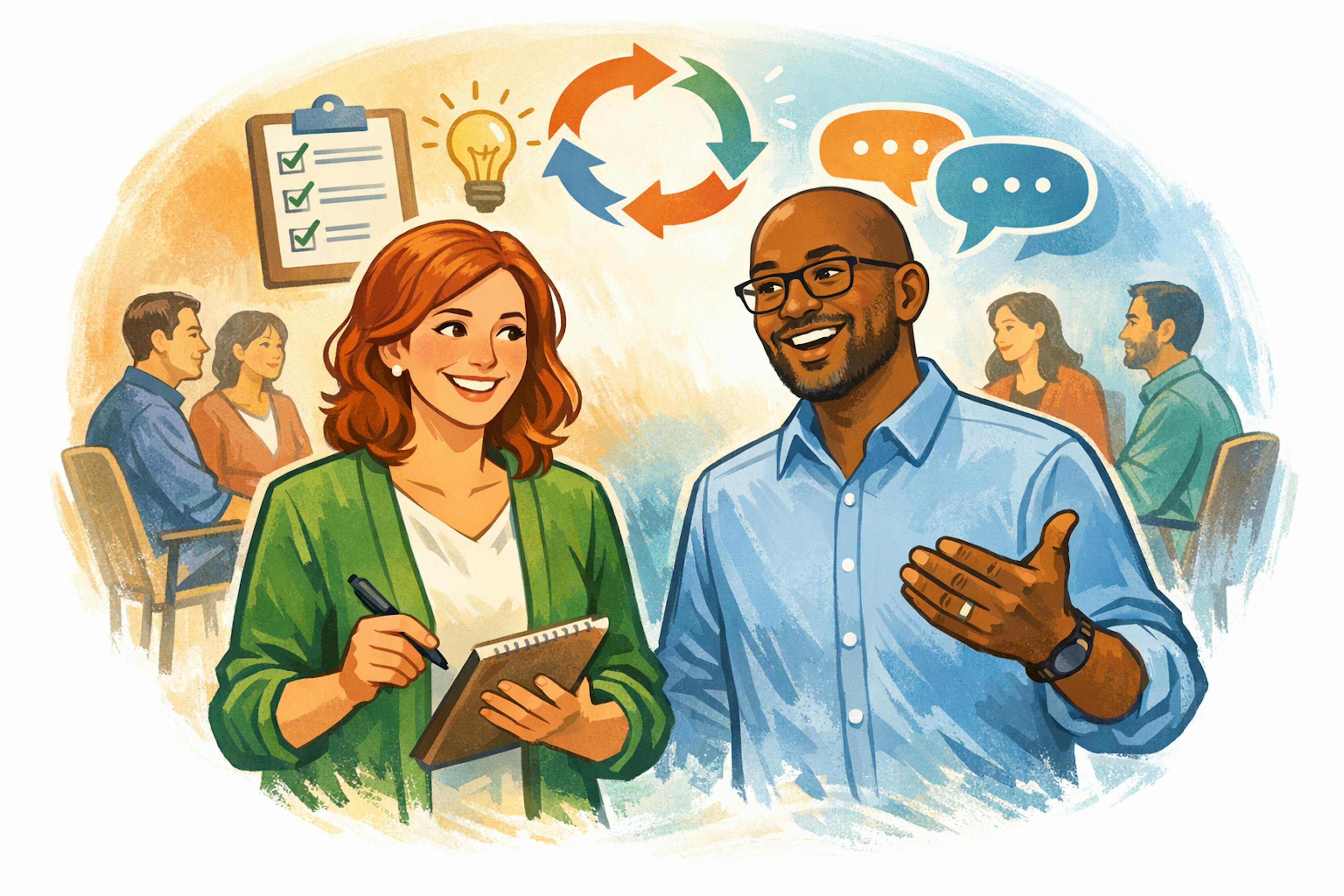 co-facilitating image of two providers one white with red hair. one black bald with glasses. in background light bulb and check list and ppl in group talking