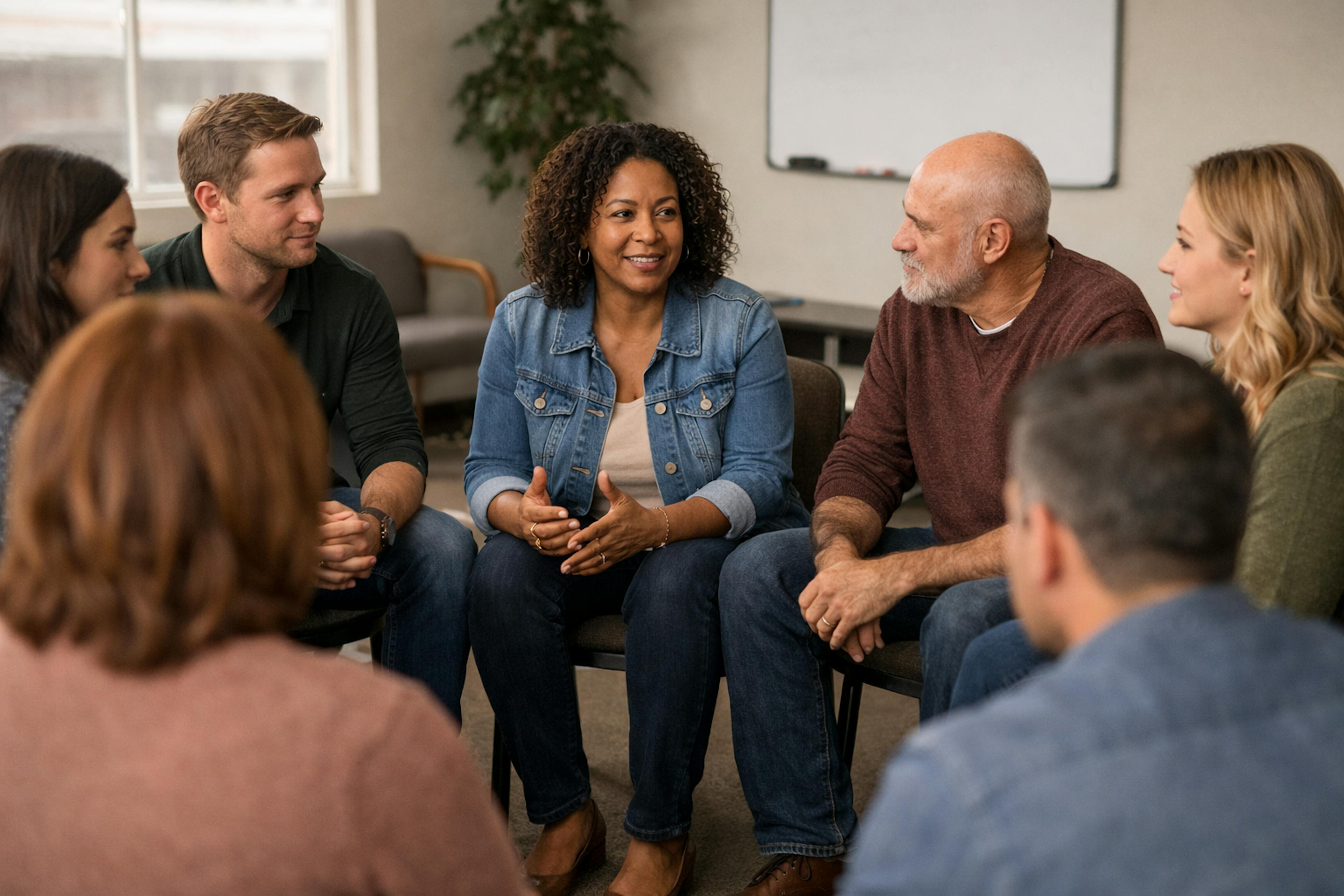 realistic group image. woman in circle talking with hands. people leaning forward to listen. whiteboard on wall with plan in background