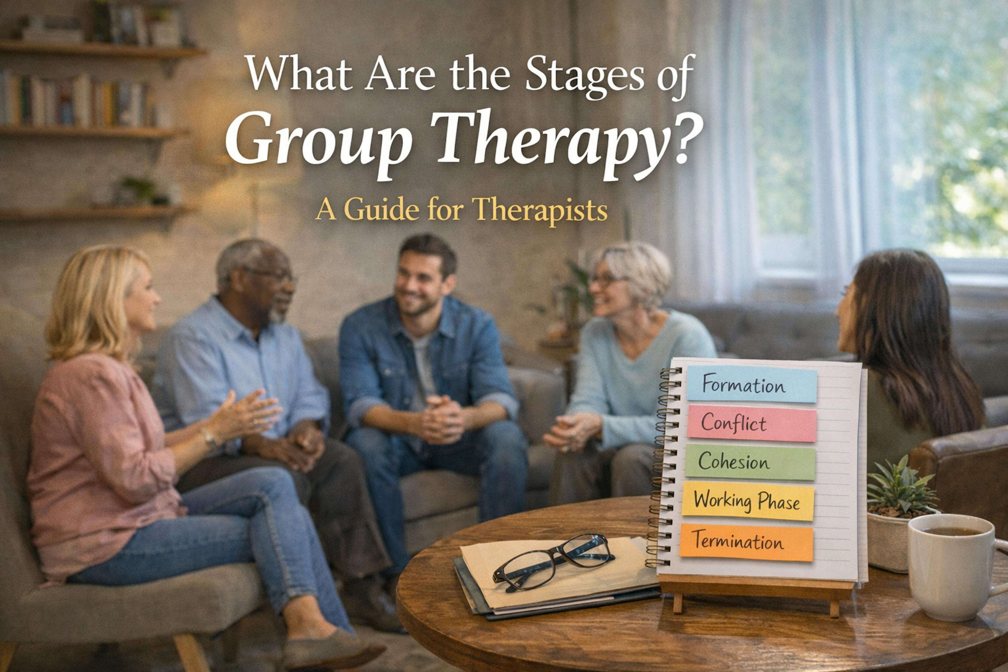 5 realistic individuals in group sitting in circle. with text overlay: "what are stages of group therapy a guide for therapists." with note book in front that says "formation, conflict, cohesion, working phase, termination" 