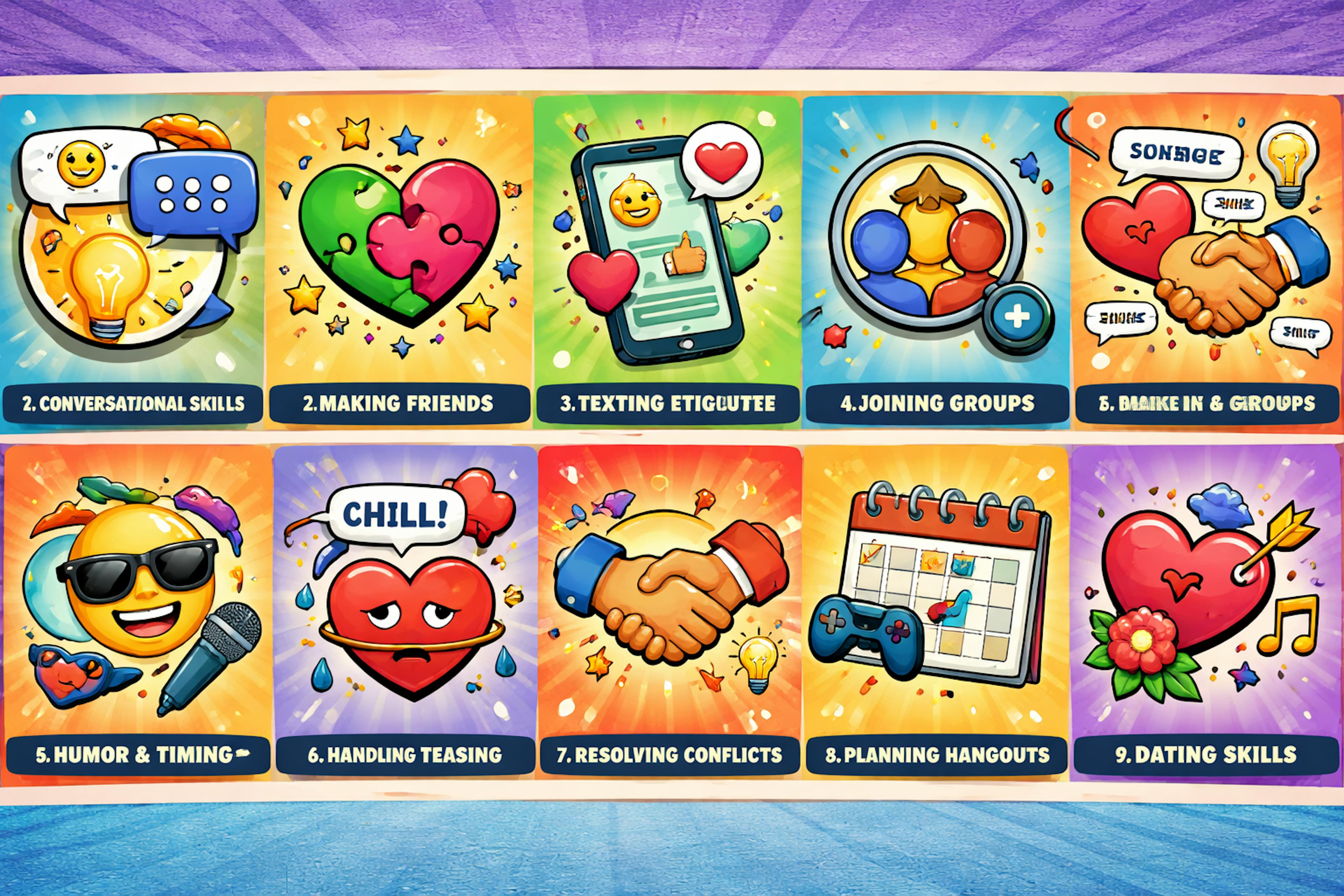 10 steps for getting social skills inclucding emojis, phone, games, calendard