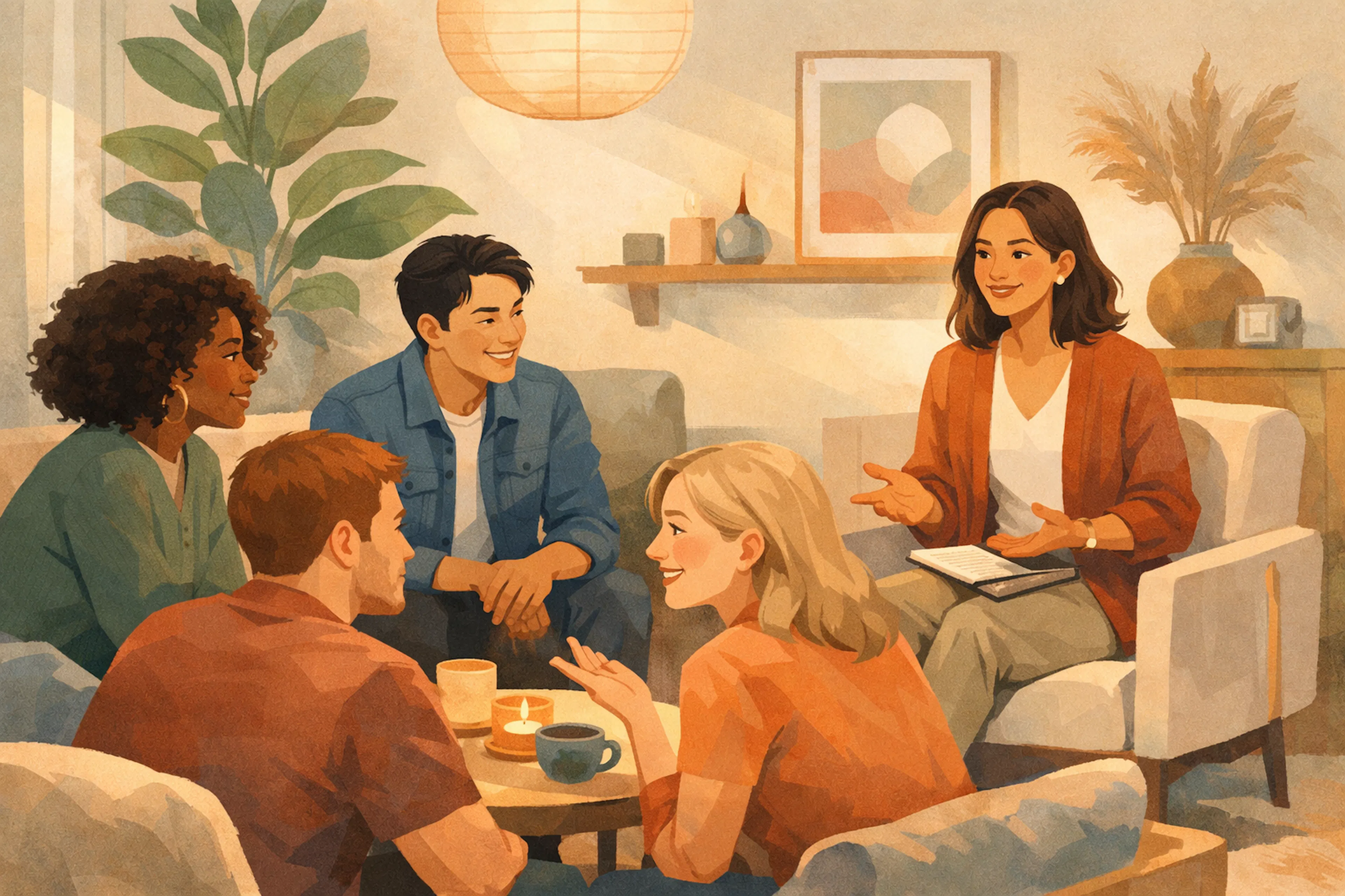 circle of diverse individuals with woman in red orange with book on lap.