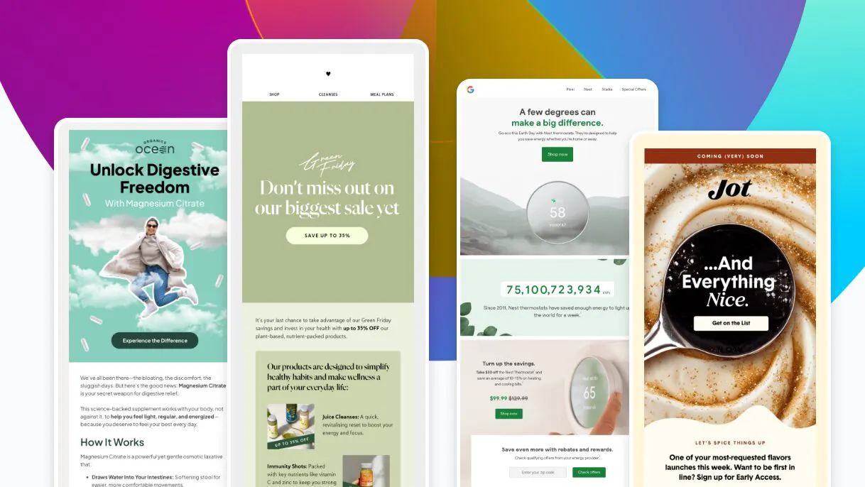 Graphic showing examples of email design trend = softness.