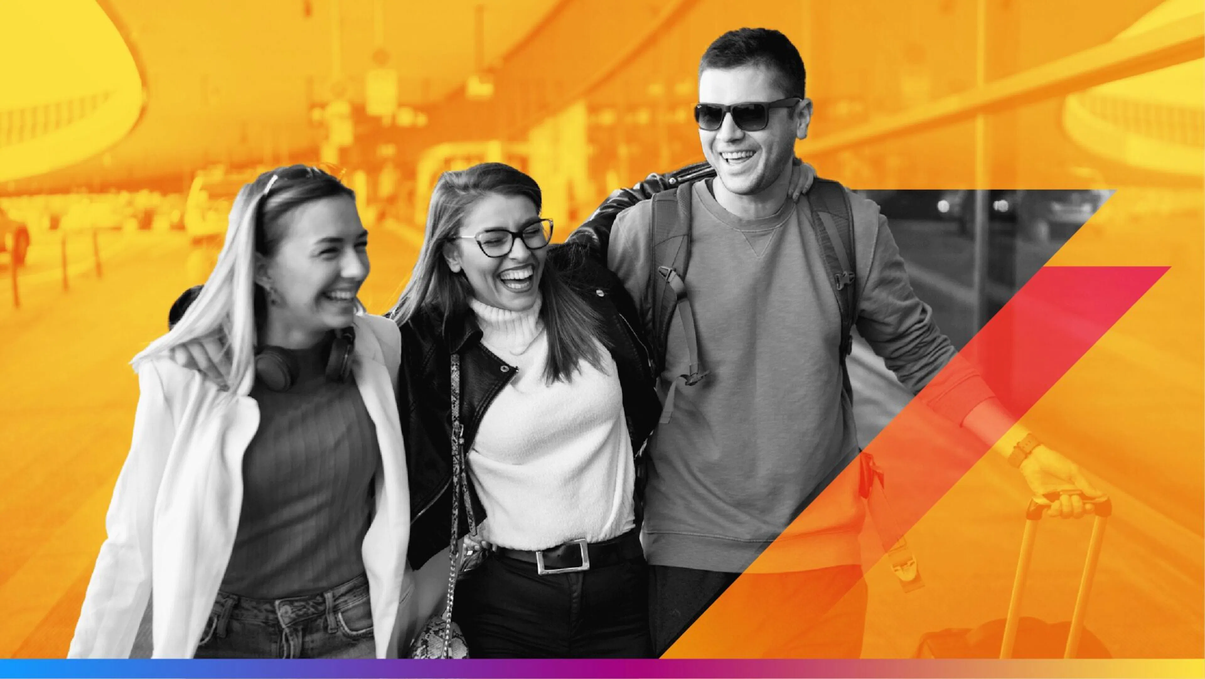 Three friends walking outside an airport with luggage - featured image for travel, email marketing article