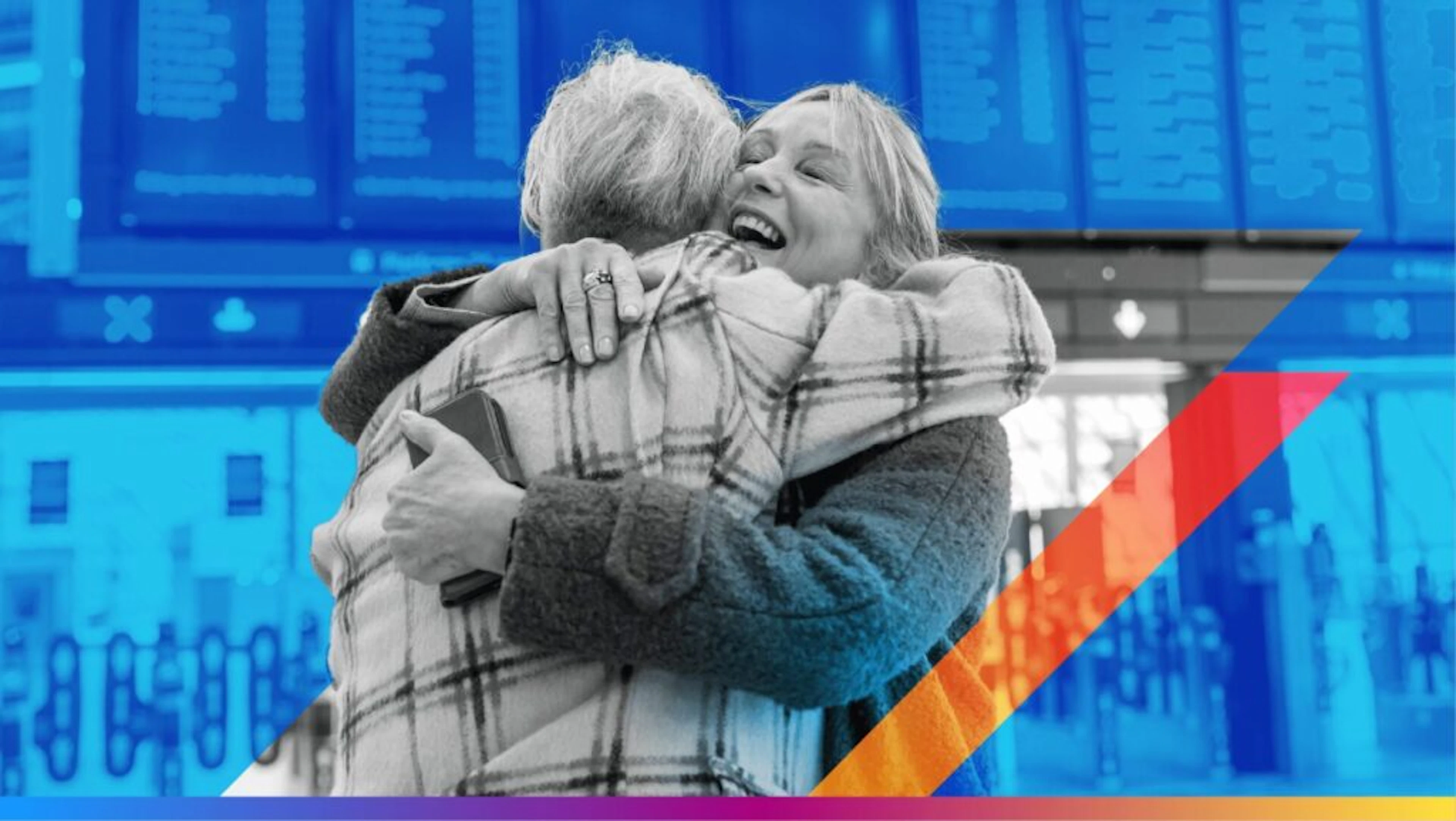 Image of two people hugging at an airport to promote the AI travel e-book