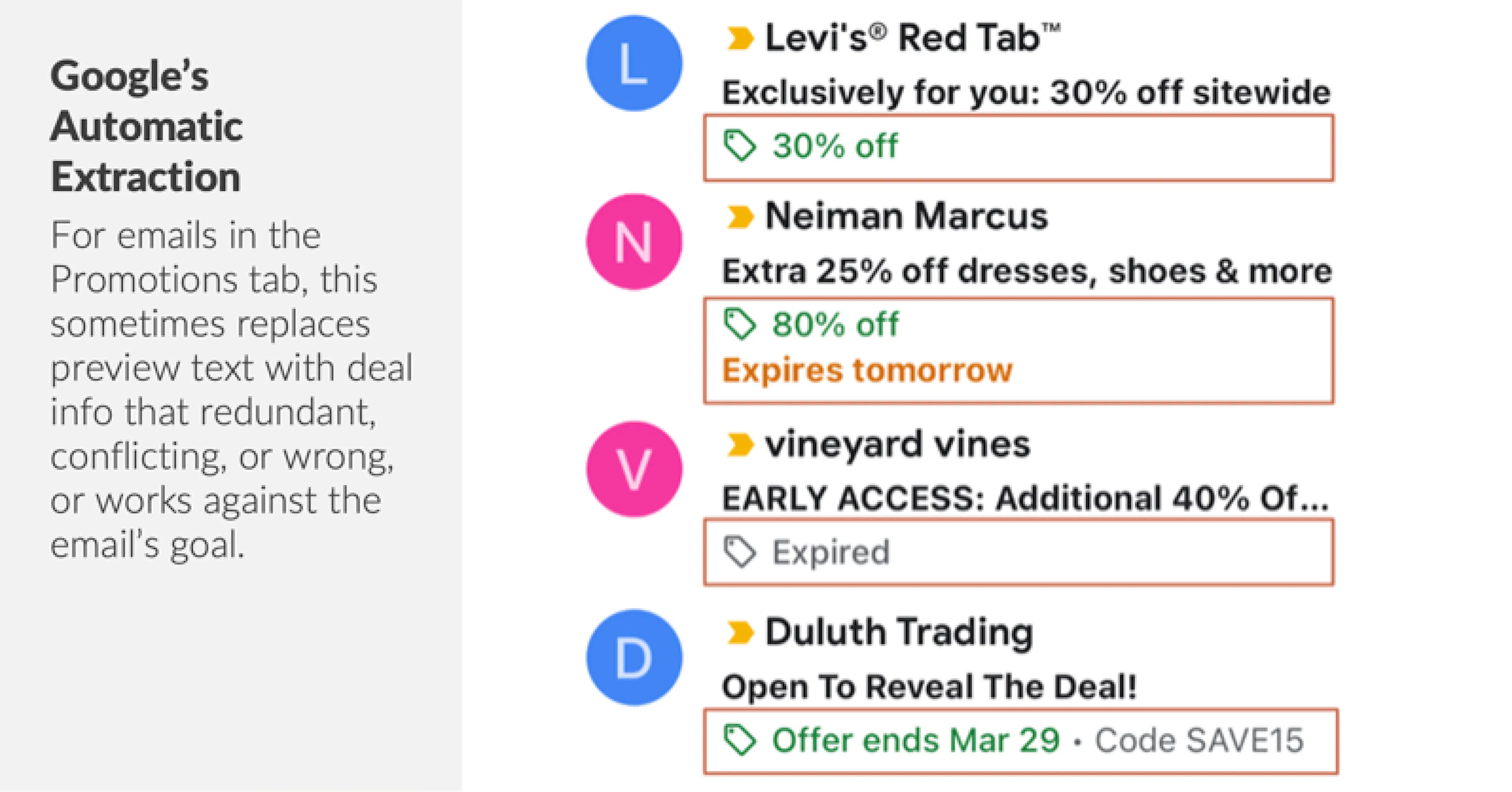 Screenshot of an email inbox showing Google's Automatic Extraction