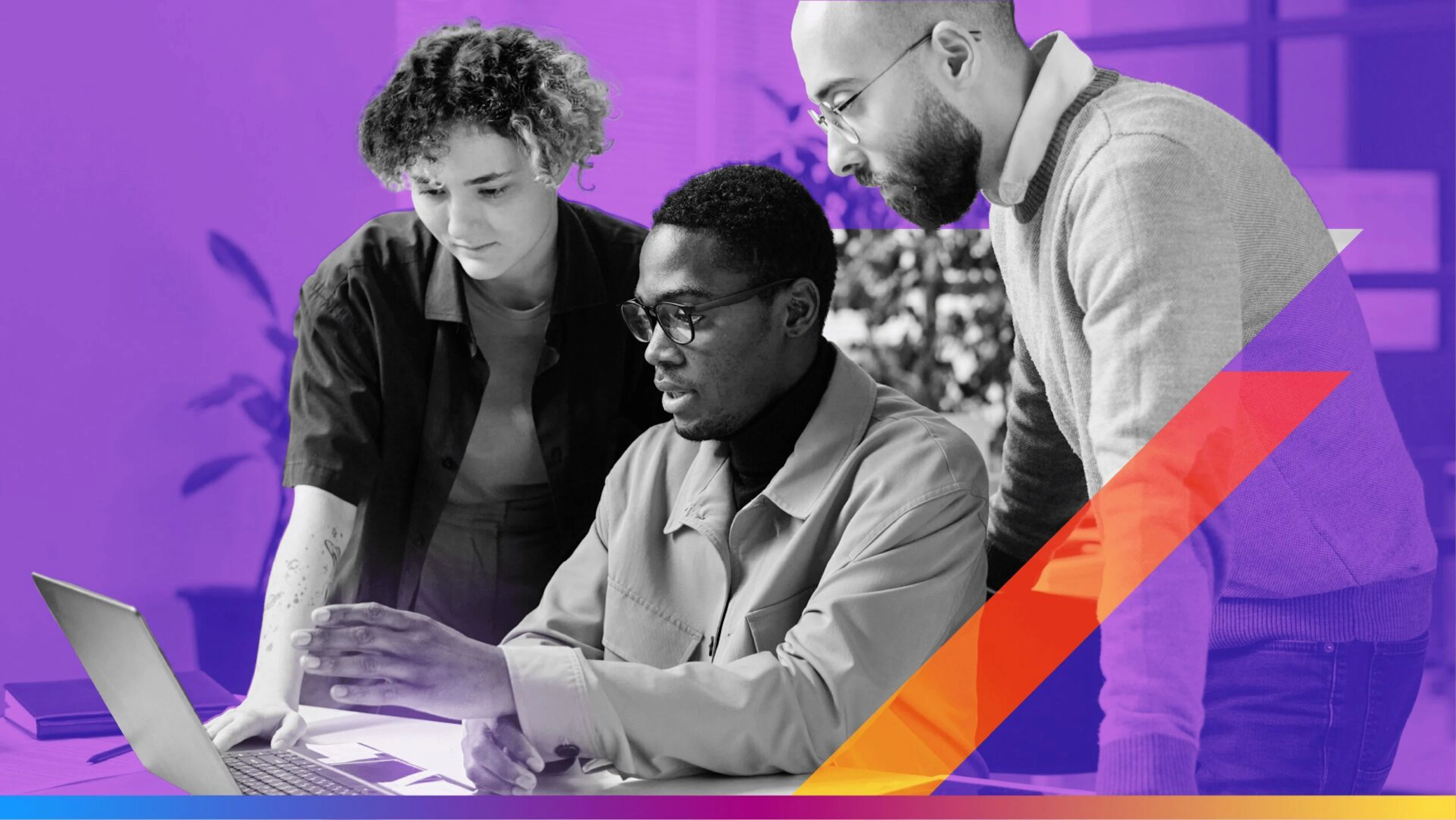 people at work huddled around a computer - featured image for the AI and modern marketing agency article