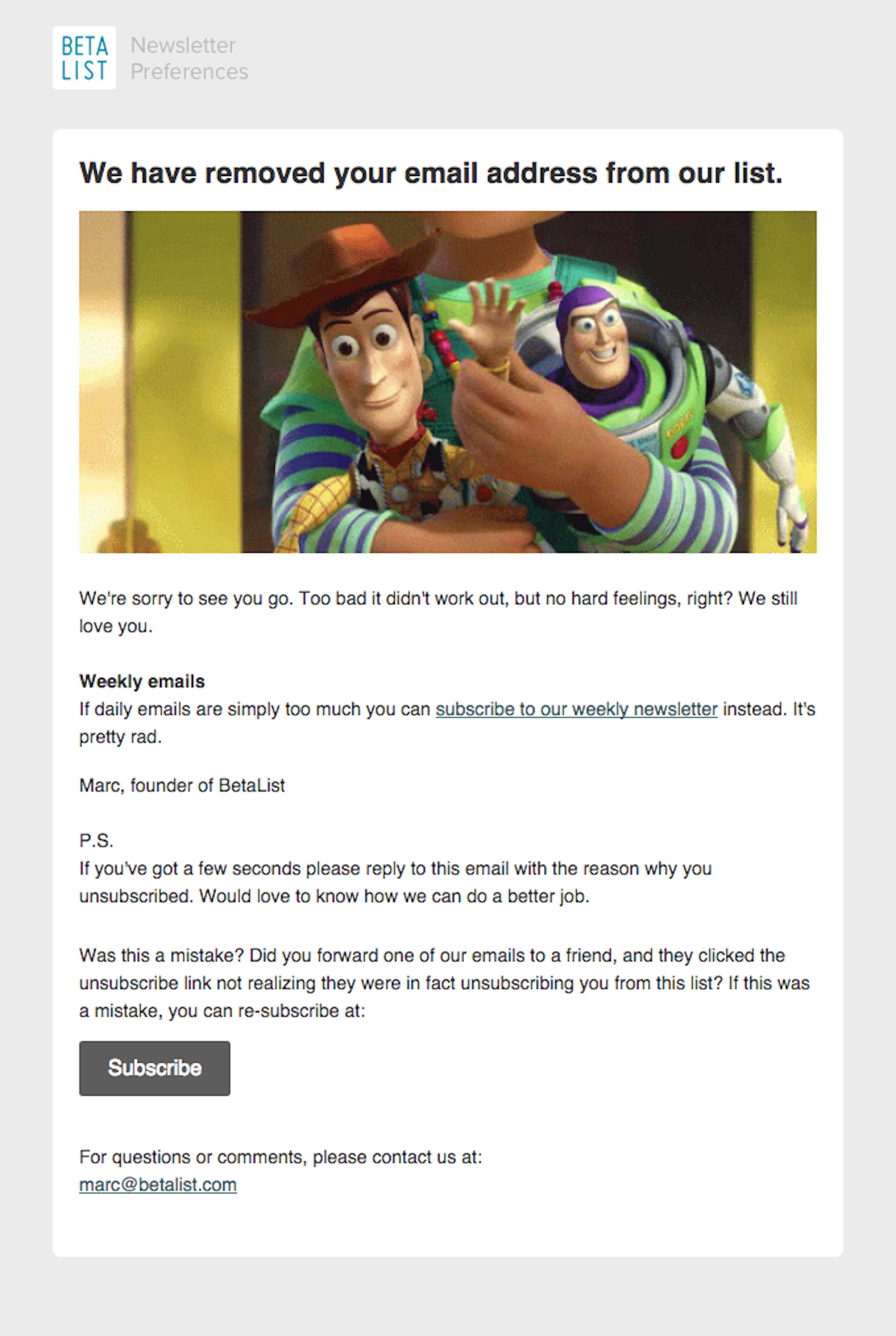 unsubscribe email example - Beta List