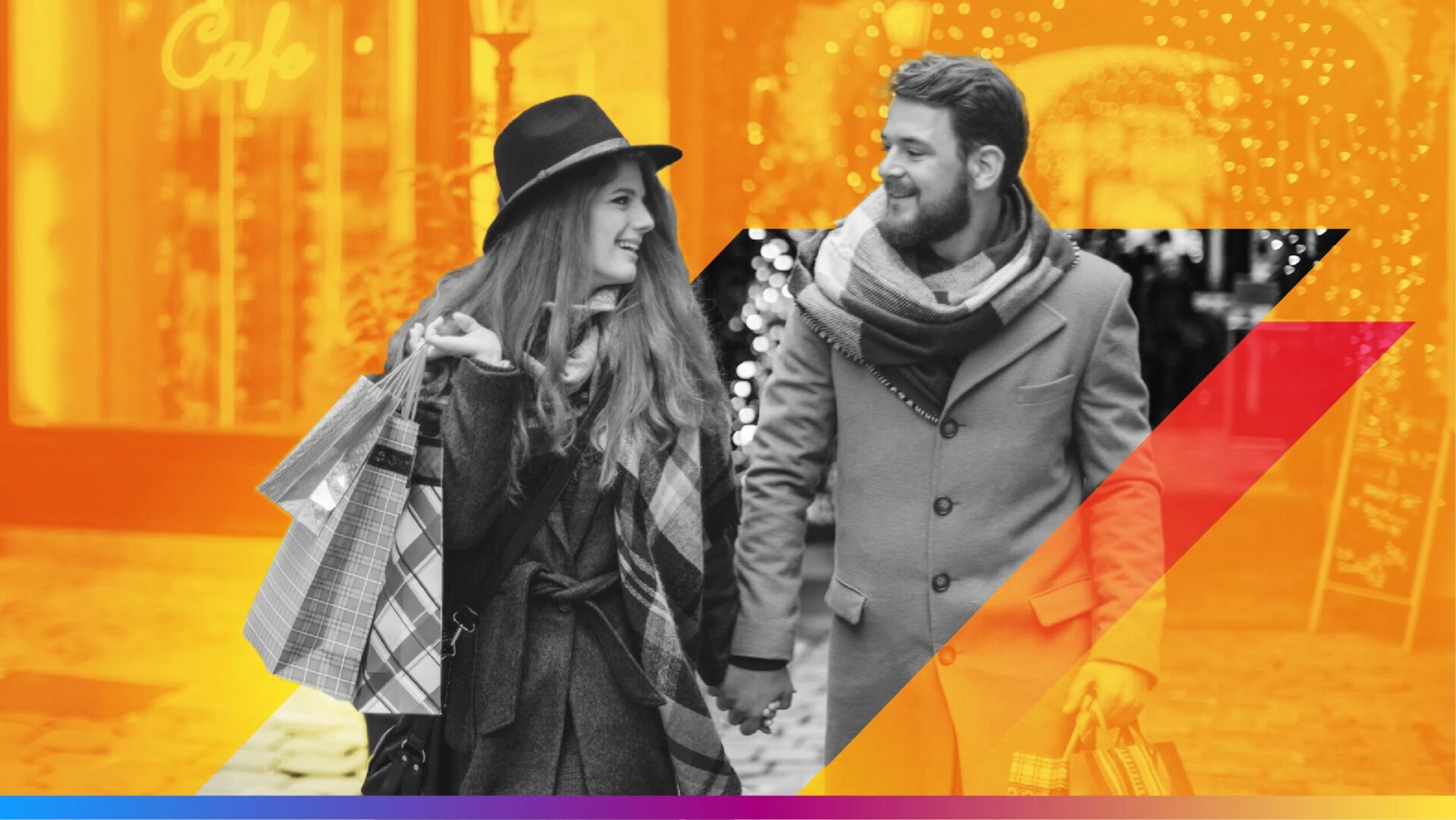 two people walking looking at each other with orange background