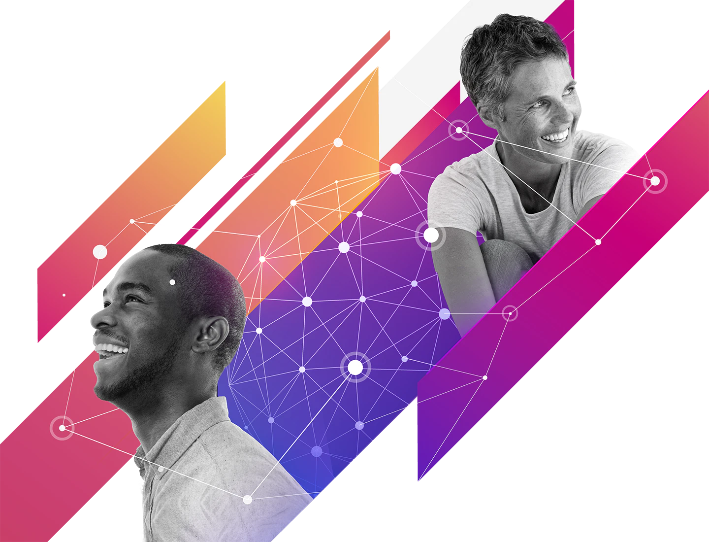 People looking to the distance with data points around them