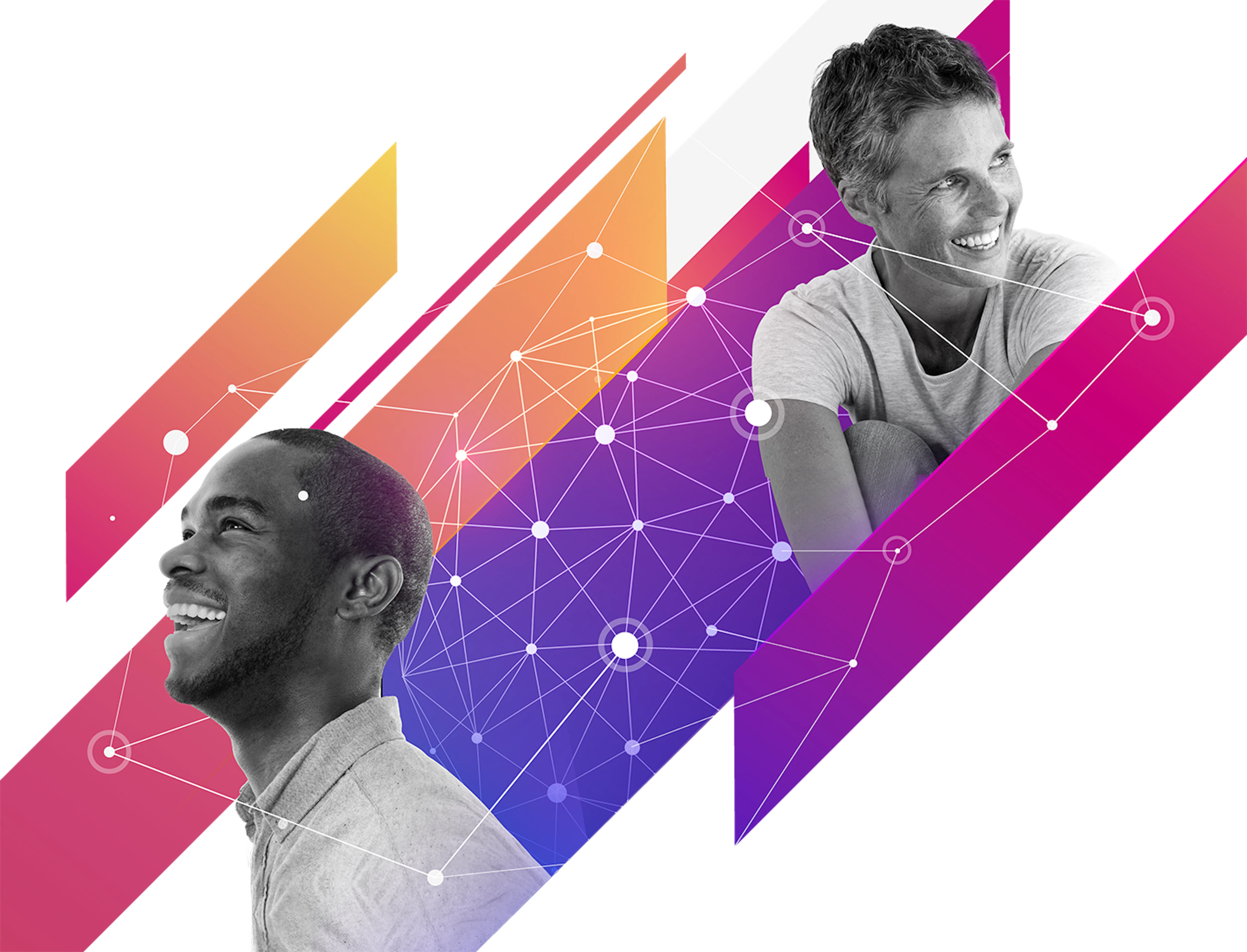 People looking to the distance with data points around them