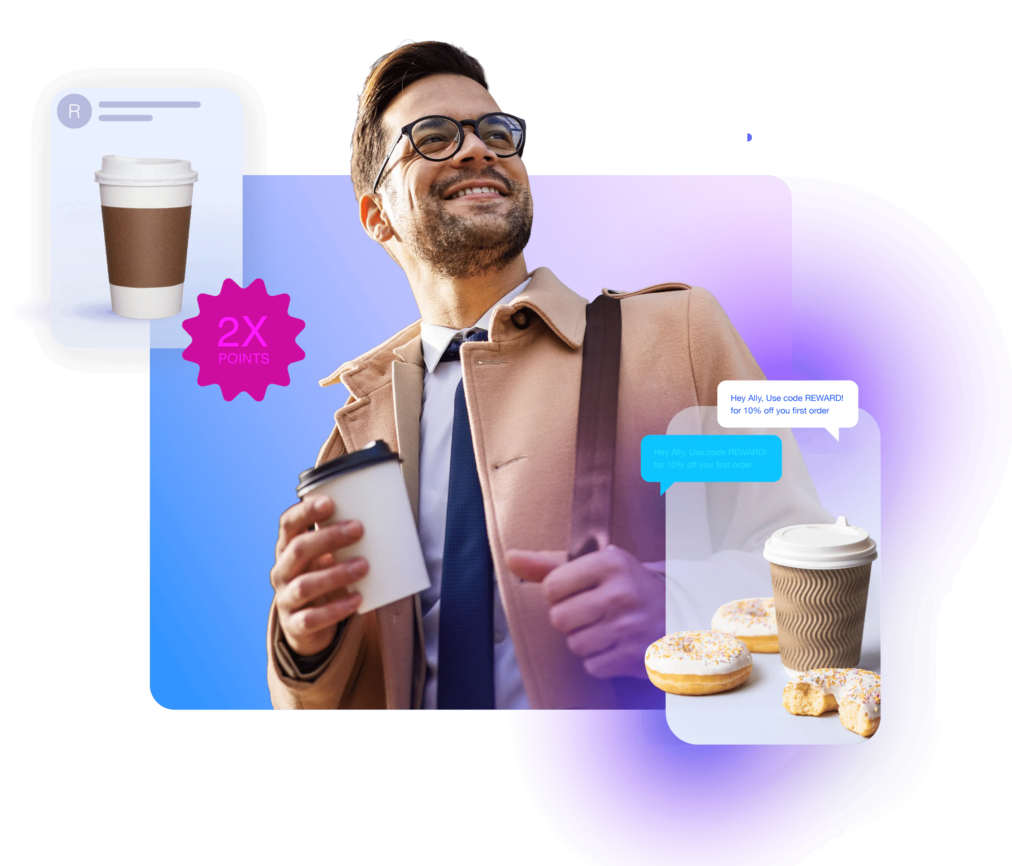 quick service restaurants Page Hero Image Top - man drinking coffee with screen designs around him
