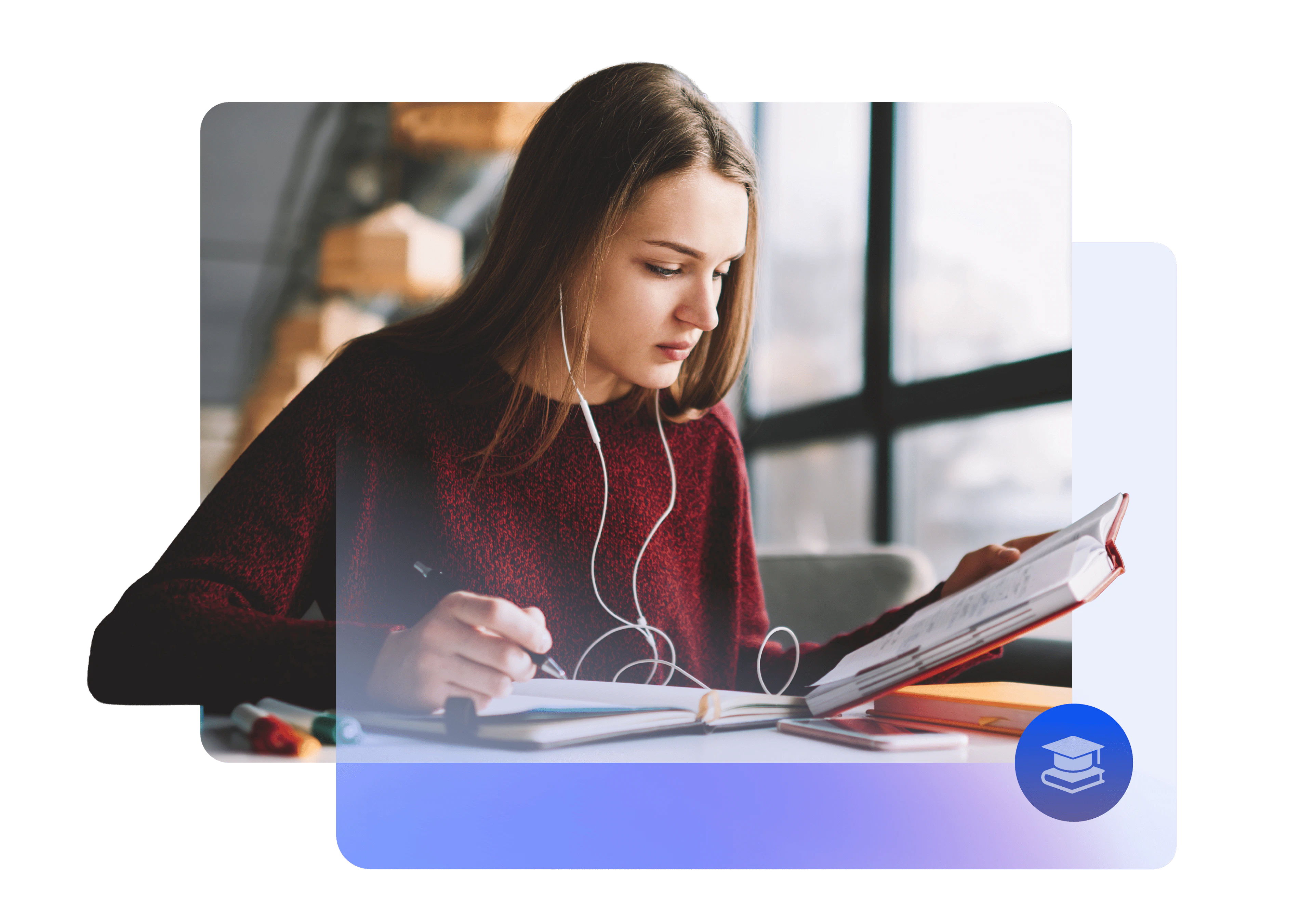 Zeta Industries Page Image 6 - woman reading and writing while listening to music