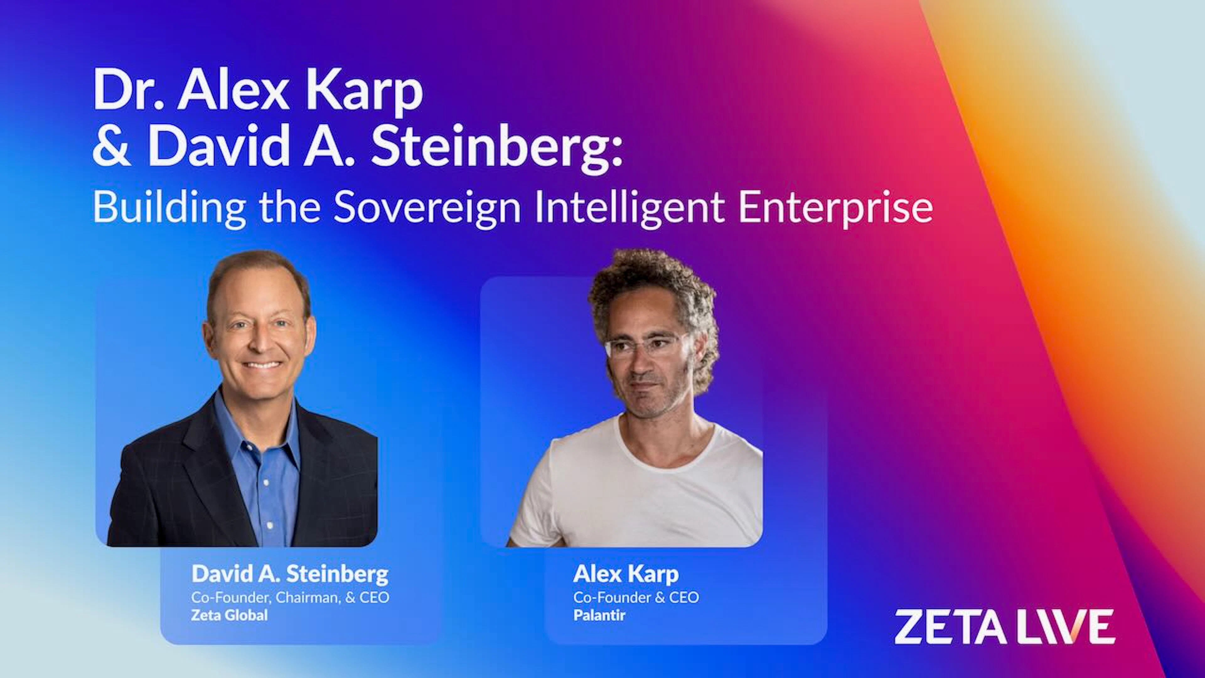 Zeta Live 2026 - session image card for Alex Karp and David Steinberg fireside chat