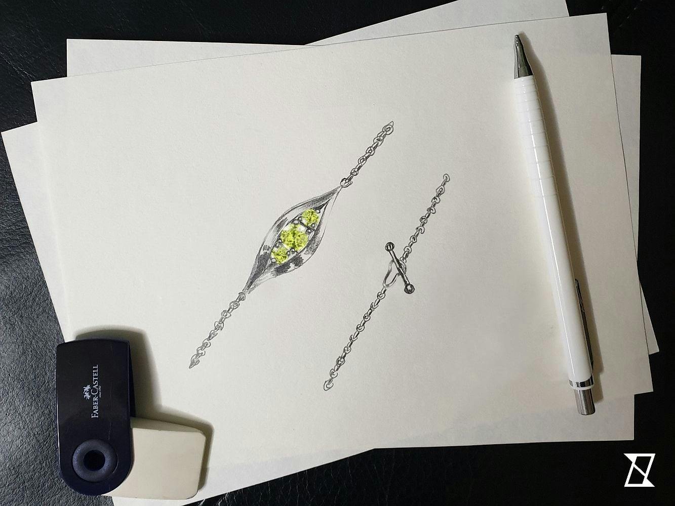 Rysunek koncepcyjny bransolety z żółtym szafirem i brylantami. 