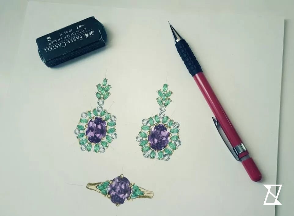 Concept sketch of a amethyst and emerald set in yellow gold.