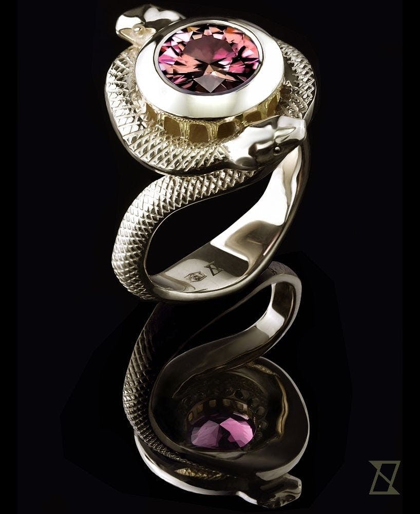 Vesuvius Ring with a spectacular Kongo tourmaline entwined by snakes.