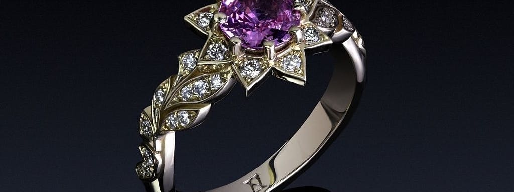 Equinox Flower ring featuring a pink sapphire with brilliants in rose gold
