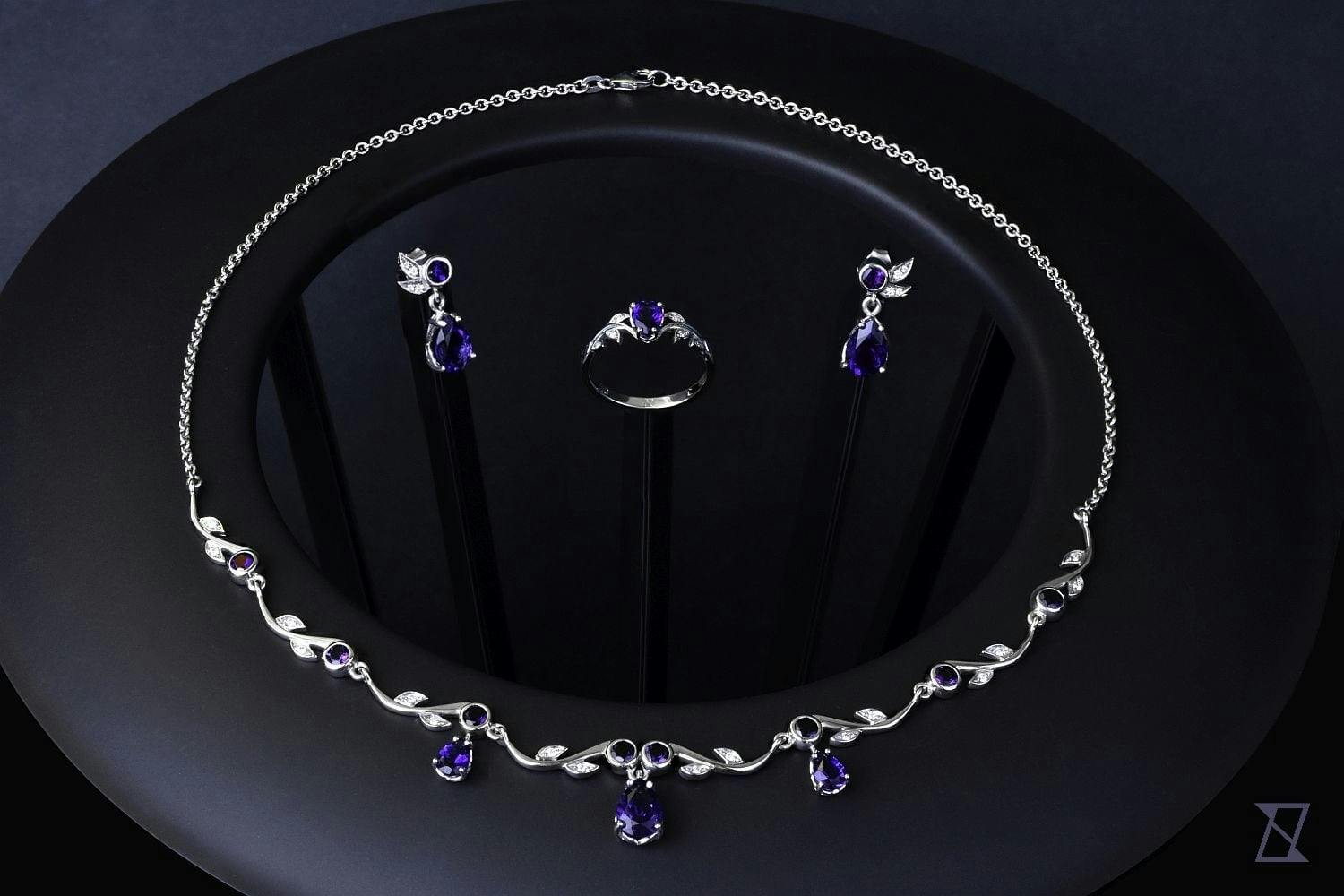 Bolivian amethyst jewelry set with diamonds in white 14k golf. 