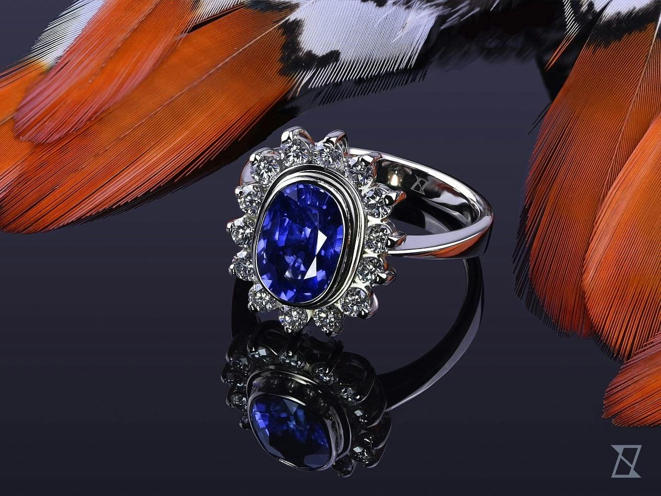 Flower ring with 2.5 ct ceylon sapphire and diamonds. 