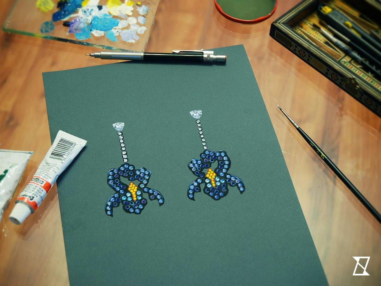 Gouache design of iris earrings