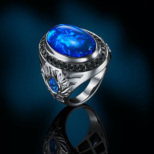 Men's ring with opal and black diamonds