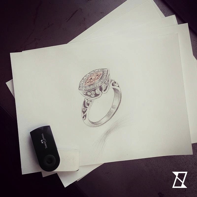 A concept sketch of a ring with pink and white diamonds. 