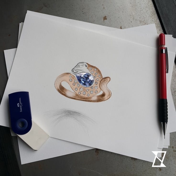 A concept sketch of a gopher ring with sapphire and diamonds.