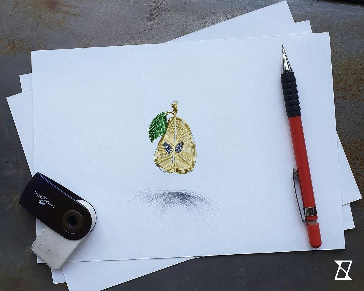 A conept sketch of a bespoke pendant with pear and diamonds.