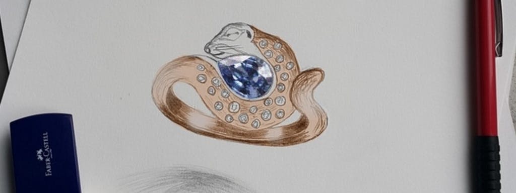 A gopher ring with sapphire and diamonds in two-color gold.