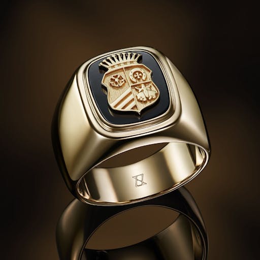 Sygnet na zamówienie z herbem rodowym i ukrytym inicjałem wygrawerowanym wewnątrz pierścienia.