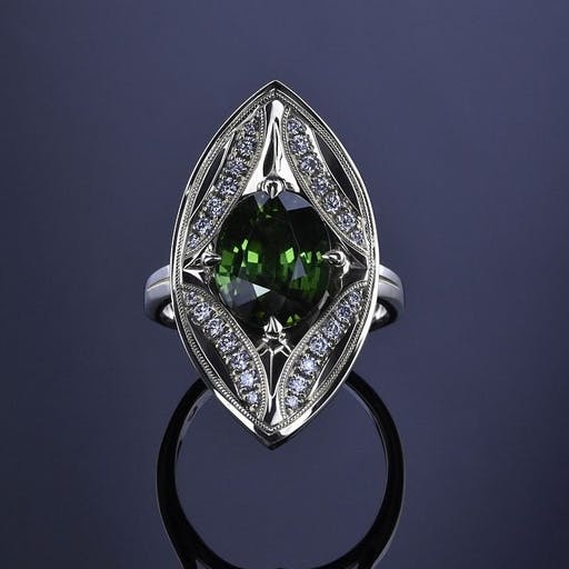 Retro ring with tourmaline and diamonds in green gold ..