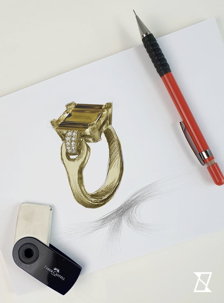 A concept sketch of a bespoke ring with cognac moissanite. 