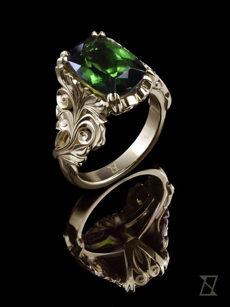 Floral 14k ring with 5 ct chrome tourmaline.