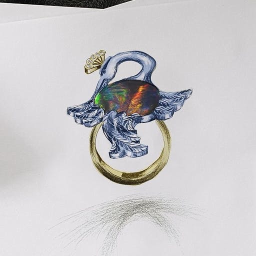 Black opal crane ring in two-tone gold with diamonds