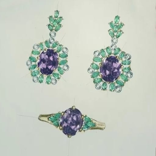 Set with amethysts and emeralds