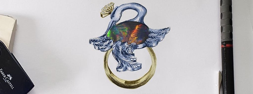 Black opal crane ring in two-tone gold with diamonds