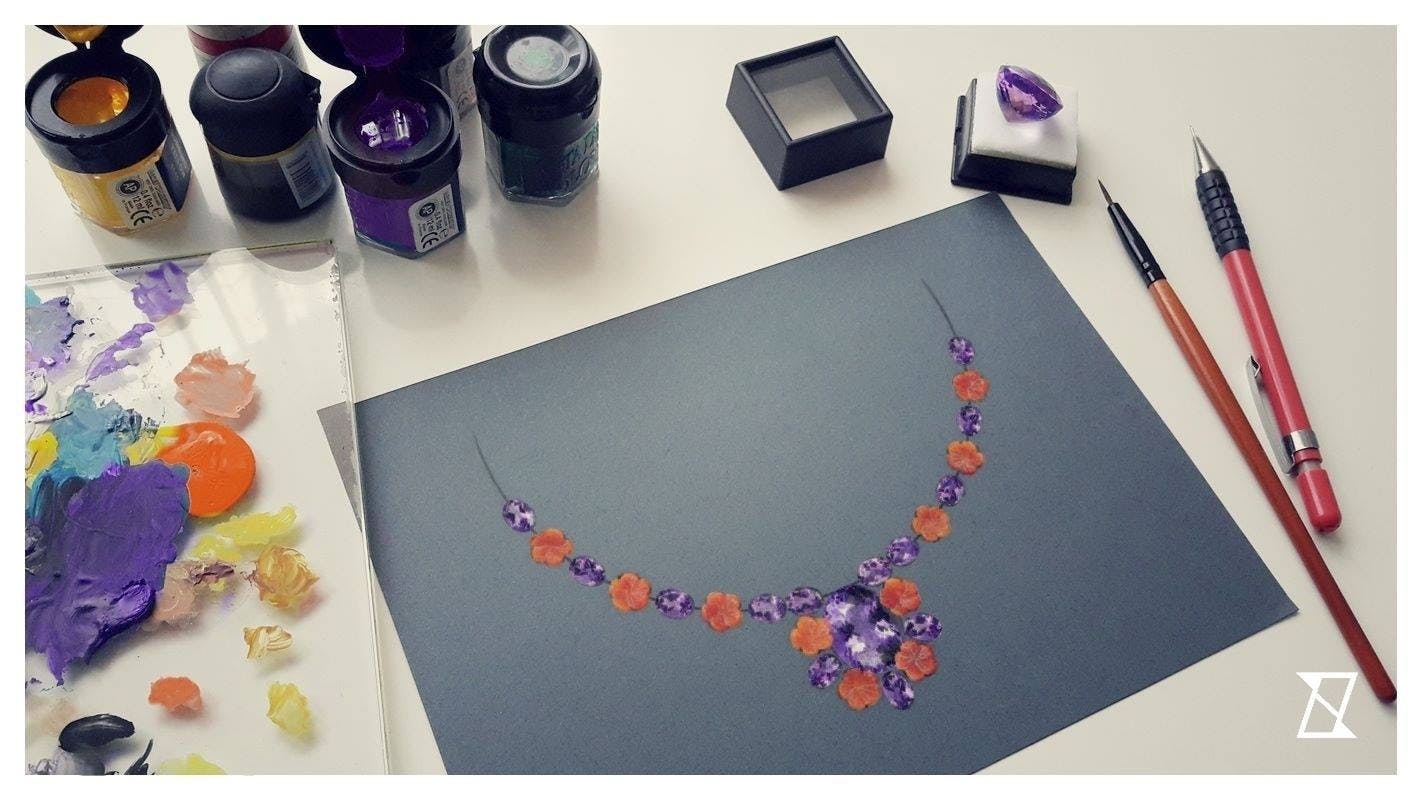 A bespoke gouashe design of floral necklace.