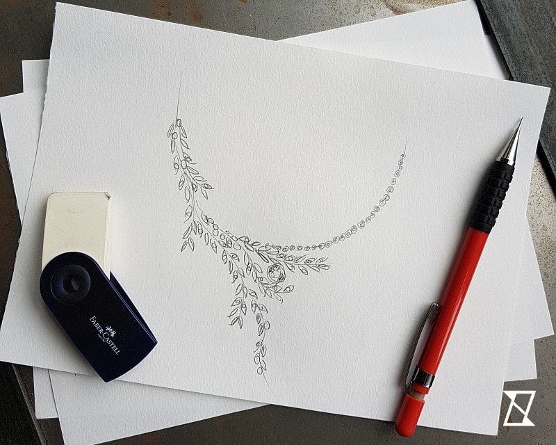 Concept sketch of a floral necklace with diamonds in gold.