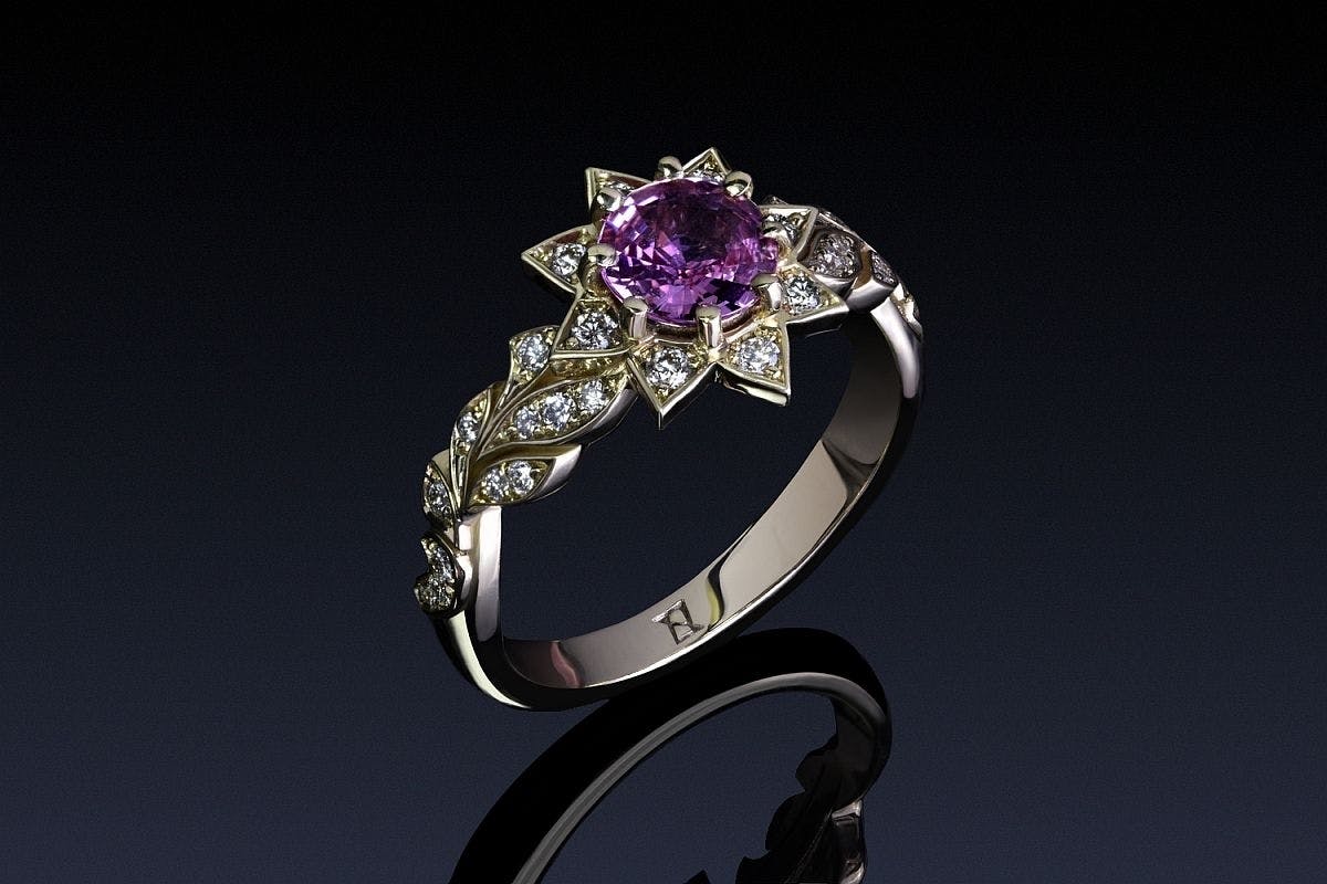Flower of the equinox featuring natural pink sapphire and diamonds in rose gold.