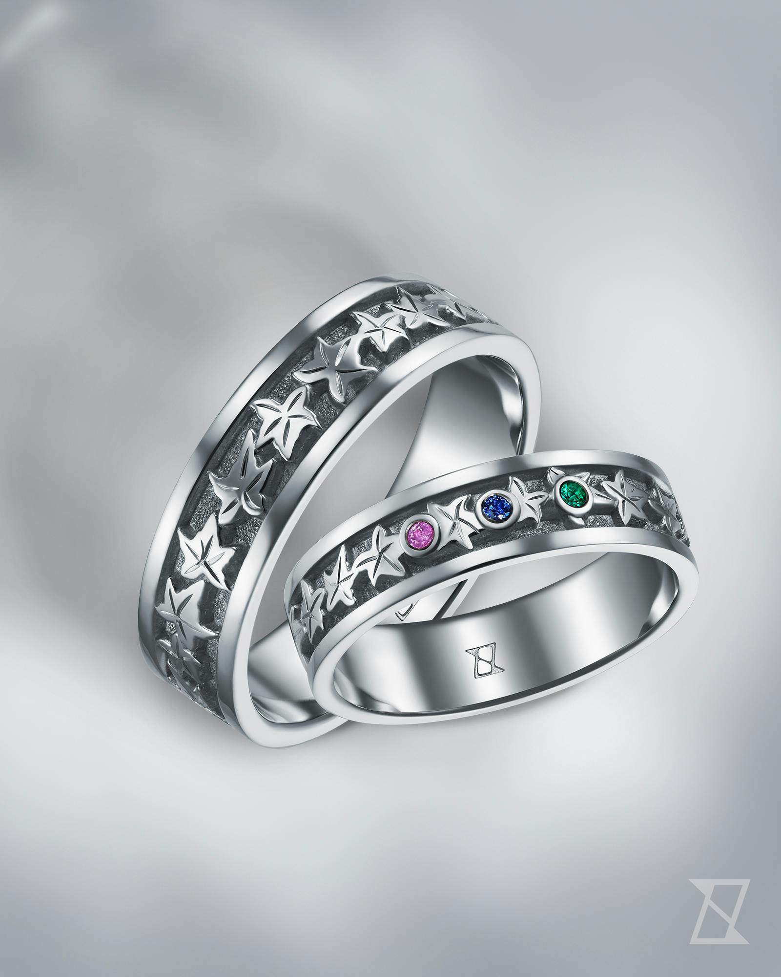 Vegetable rings with ivy motif in white gold