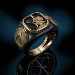 Pierścień z Leonidasem ma złote wnętrze obrączki z ażurowymi wzorami.