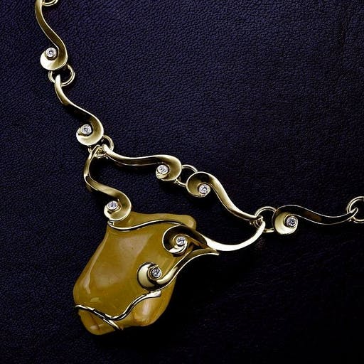 Sea wave necklace with amber and diamonds