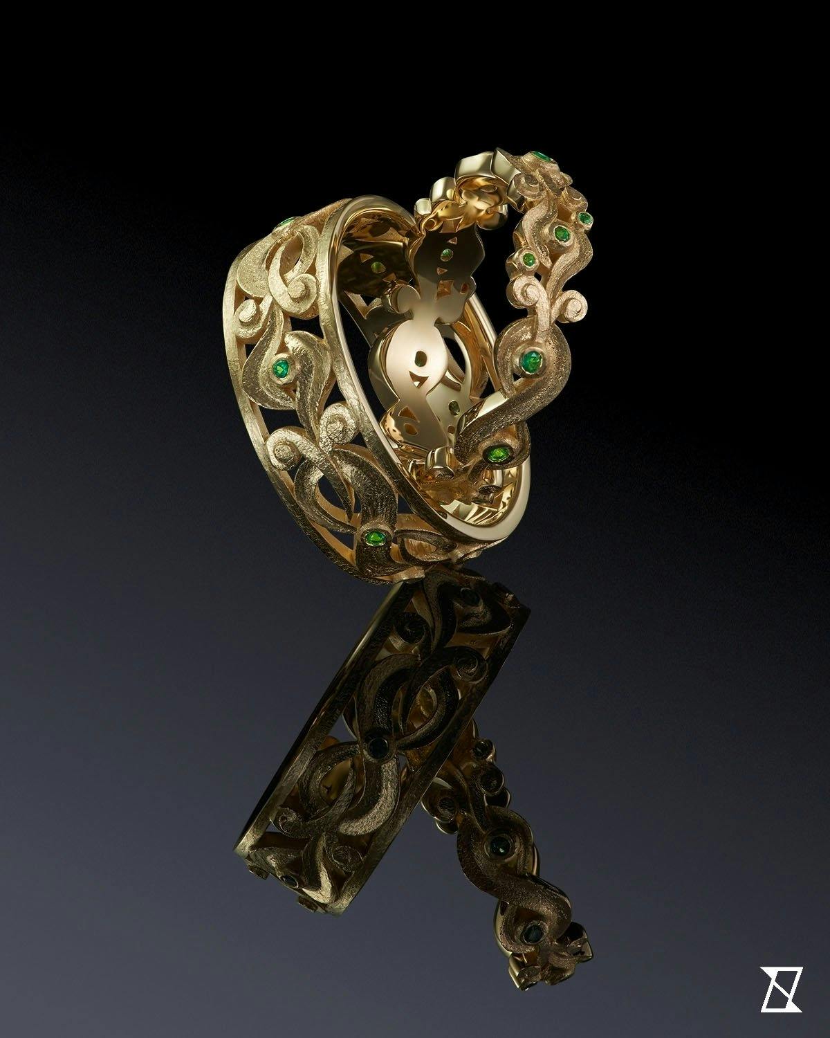 Satin custom wedding rings with Byzantine motif
