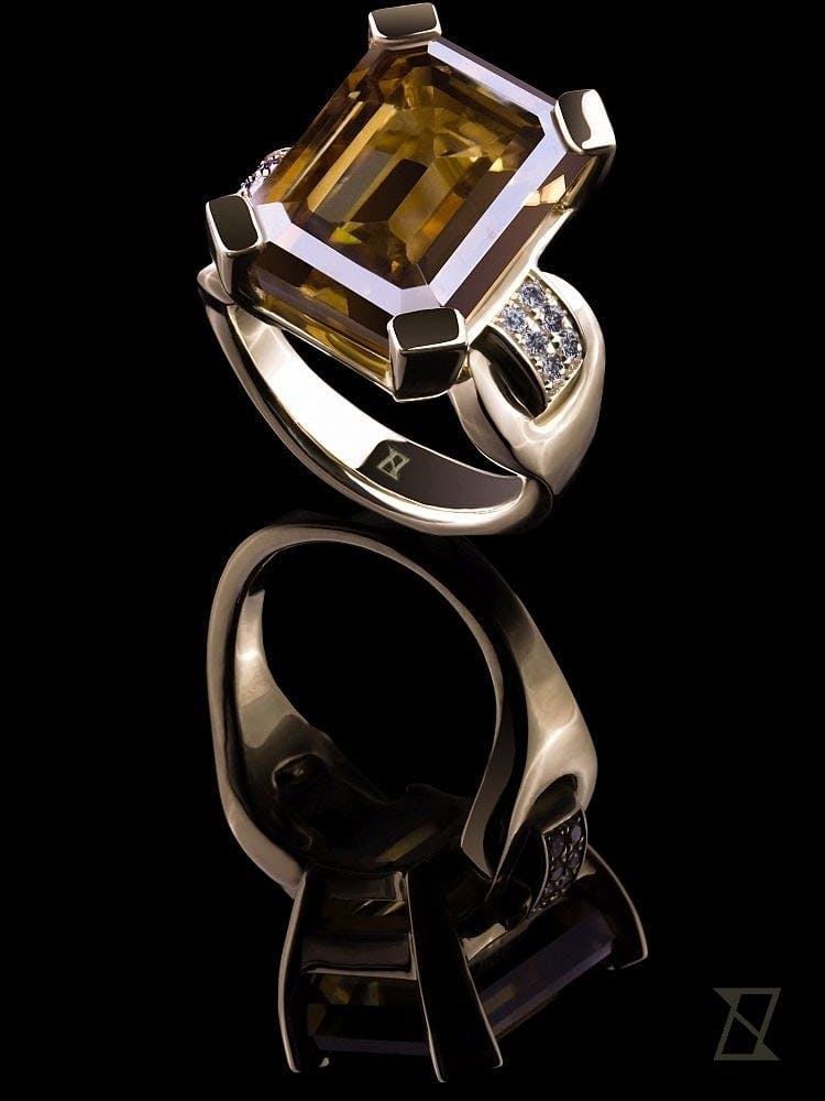 17 carat cognac moissanite ring in 14k yellow gold. 