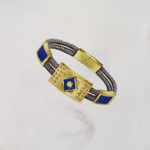Men's Inca gold bracelet with lapis lazuli and yellow diamond.