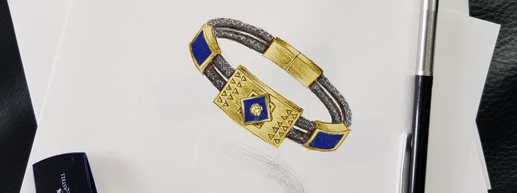 Men's Inca gold bracelet with lapis lazuli and yellow diamond.