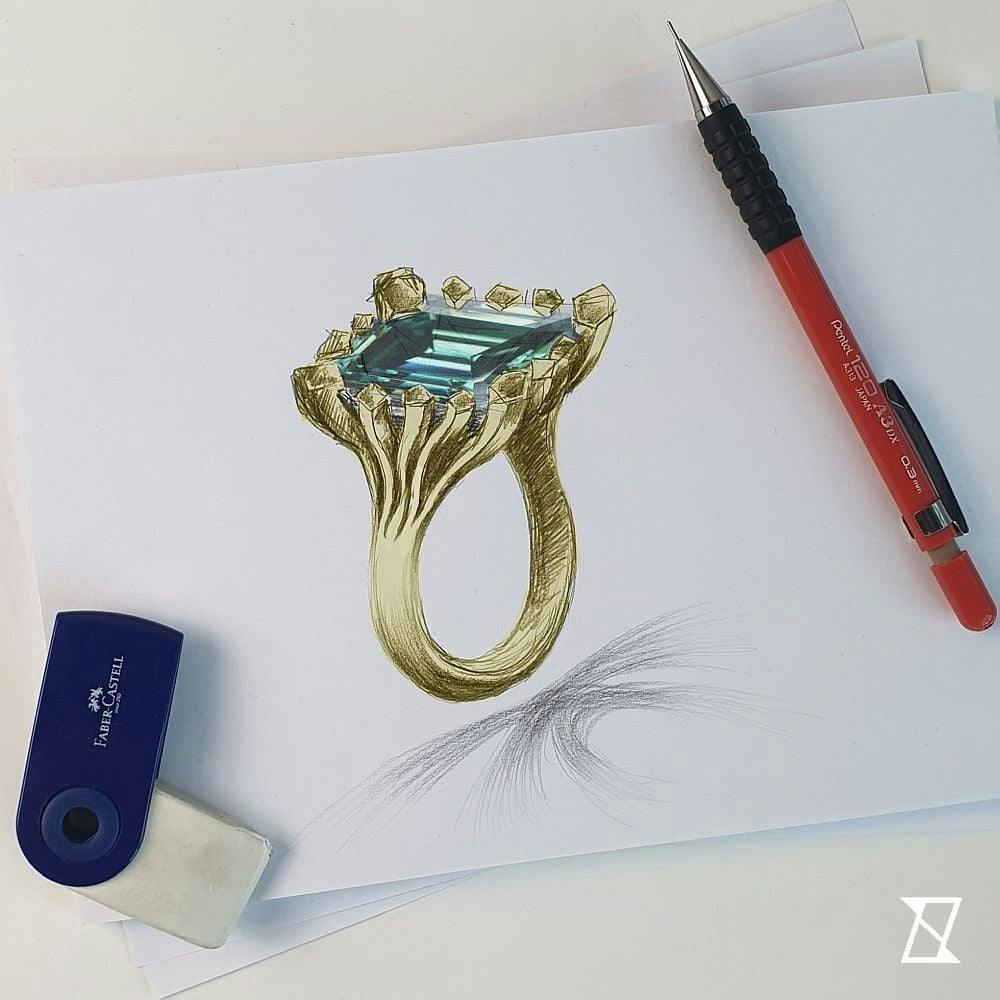 A concept sketch of a bespoke ring 