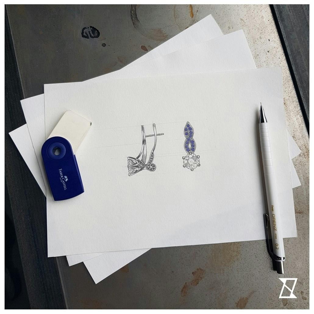 Concept sketch of a bespoke earring with diamonds and sapphires. 